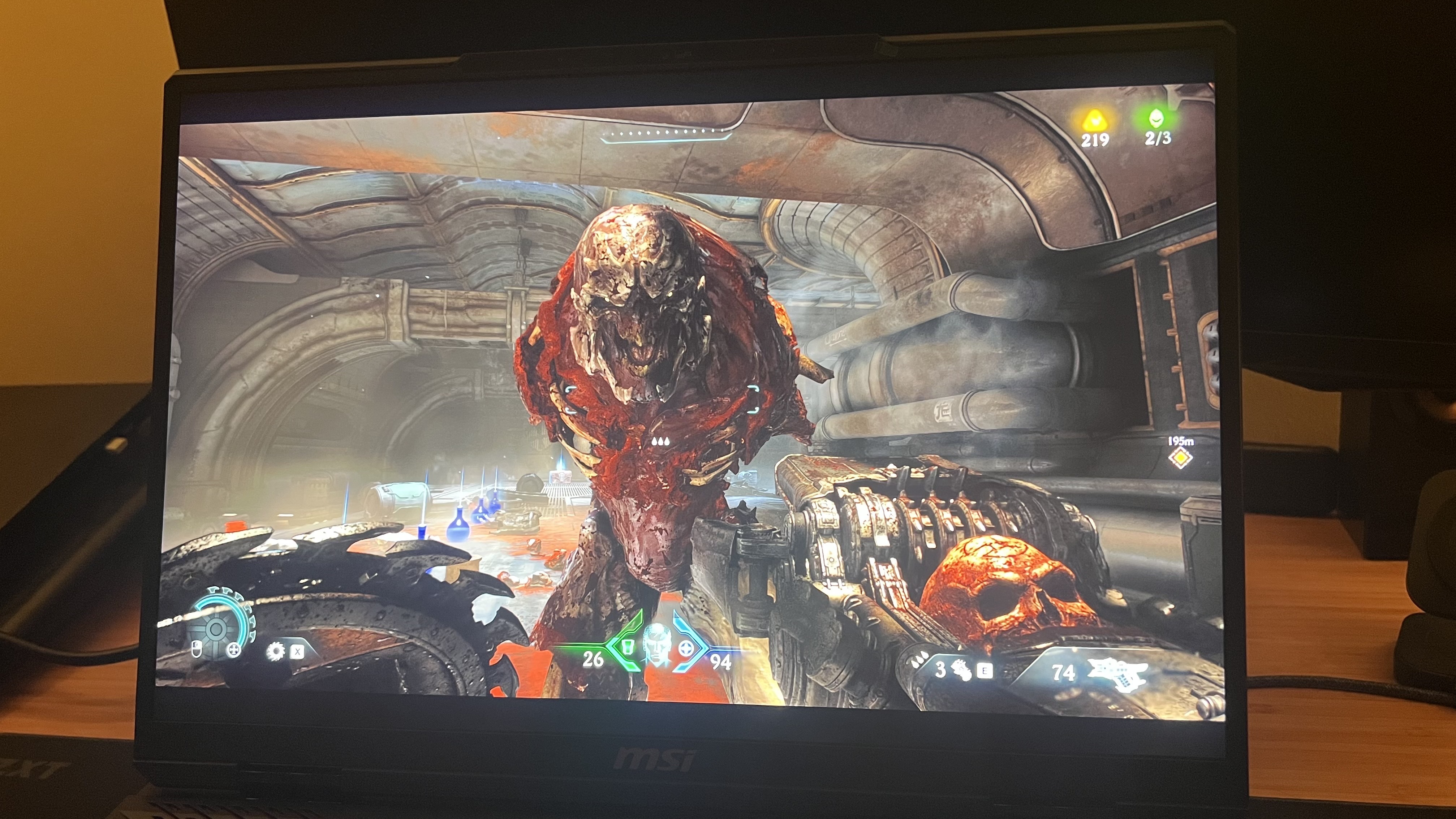 Display on MSI Raider A18 HX showing gameplay from Doom: The Dark Ages