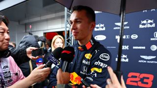 Red Bull Racing driver Alexander Albon speaks to the media at the 2019 F1 Italian Grand Prix
