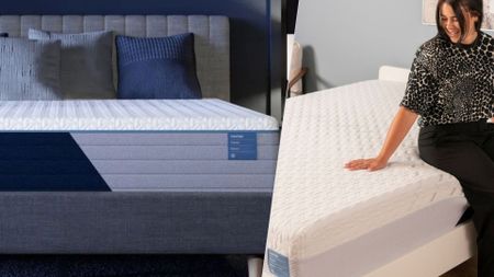 The image shows a blue and white mattress on the left, placed on a grey bed base. Inset on the right, mattress tester Eve Davies sits on a similar blue and white mattress. 