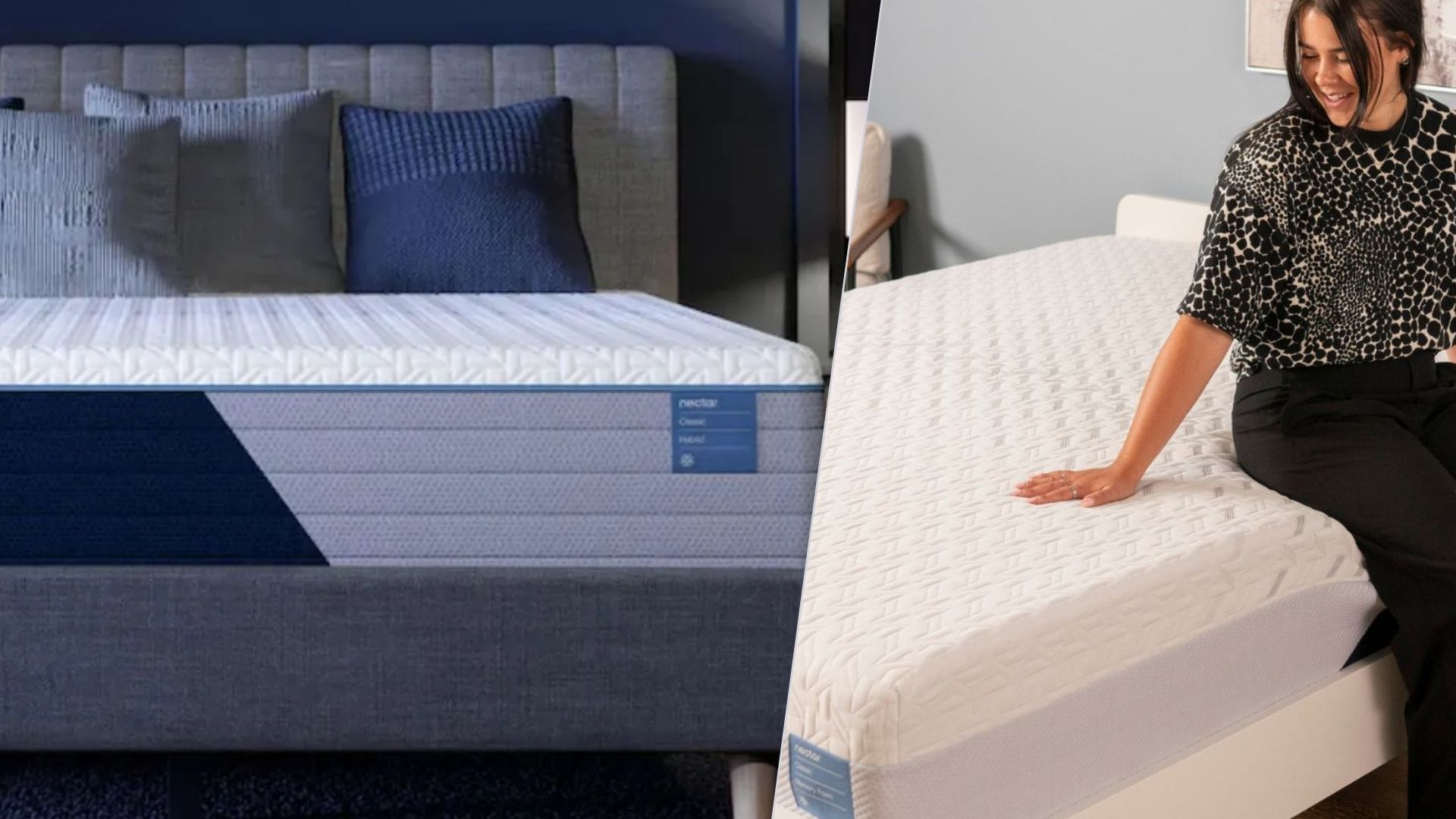 The image shows a blue and white mattress on the left, placed on a grey bed base. Inset on the right, mattress tester Eve Davies sits on a similar blue and white mattress. 