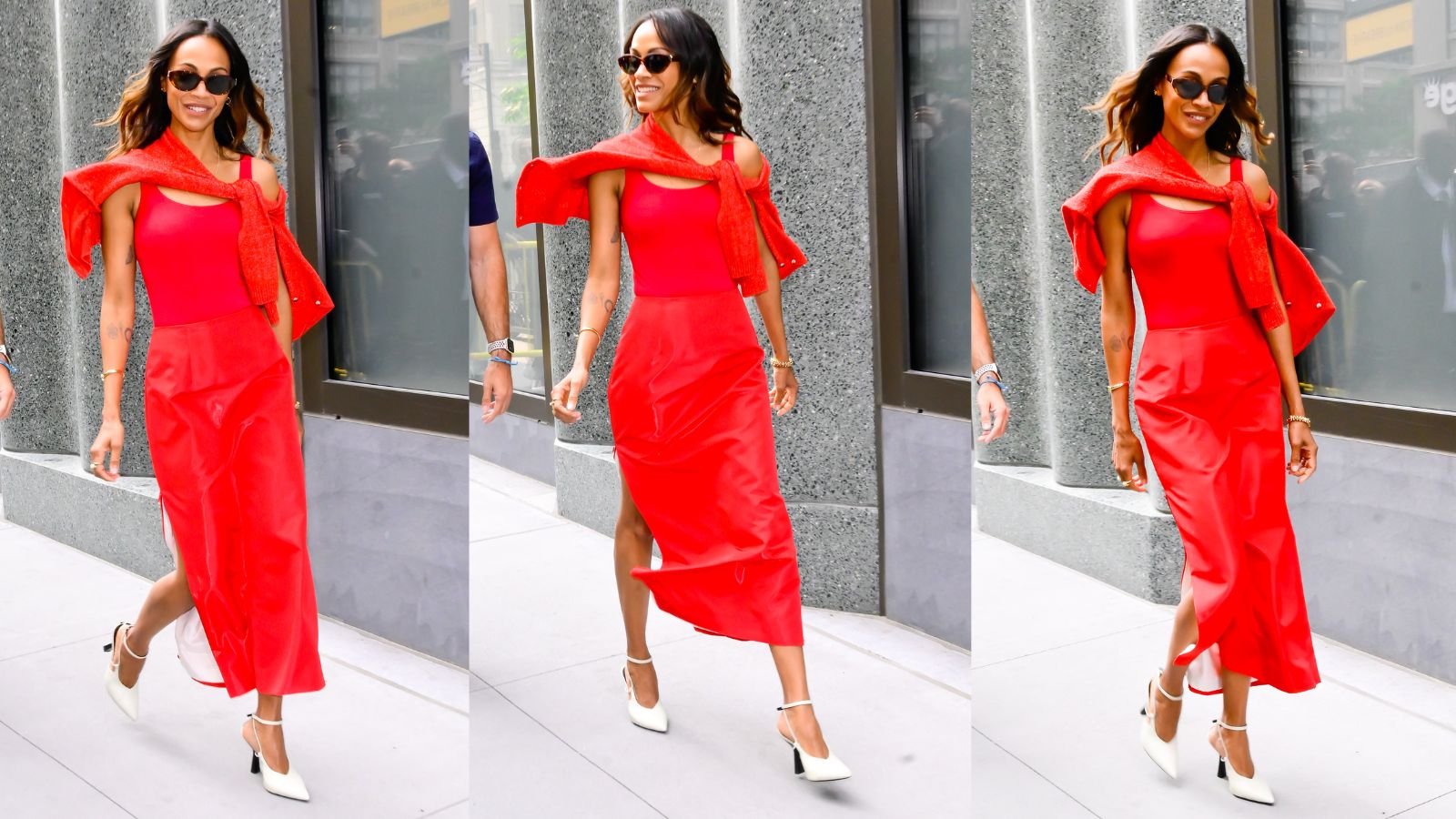 Zoe Saldaña wearing red x 3 images