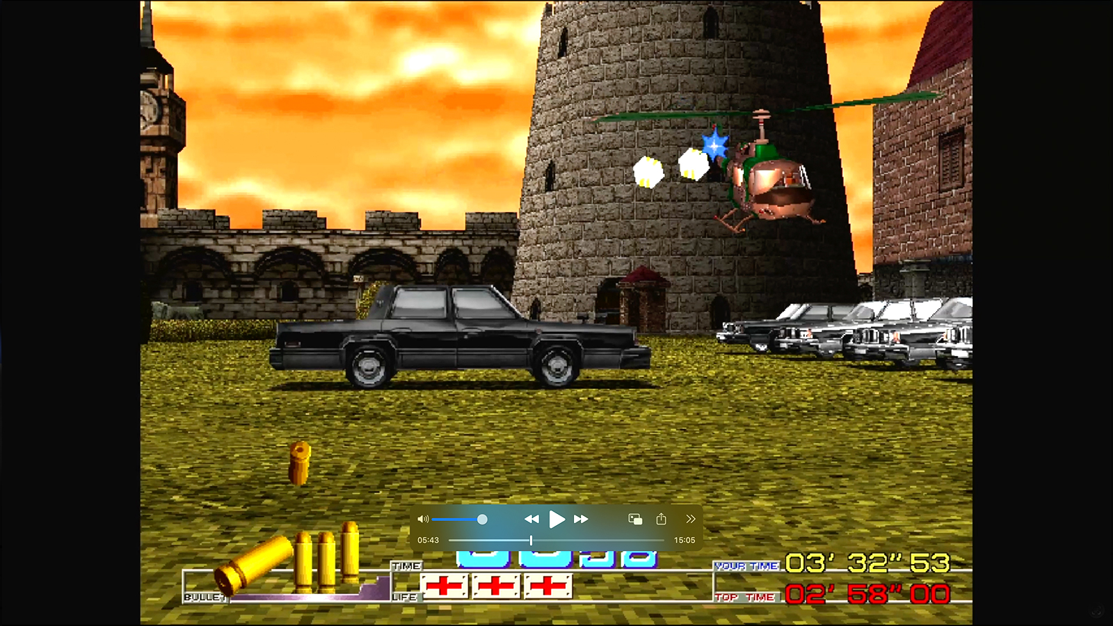 A screen from retro game Time Crisis, a helicopter flies above a black car