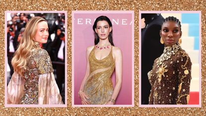 Brie Larson, Anne Hathaway and Michaela Coel wearing gold dresses/ in a gold glitter template