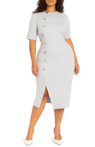 Workwear Side Button Sheath Midi Dress