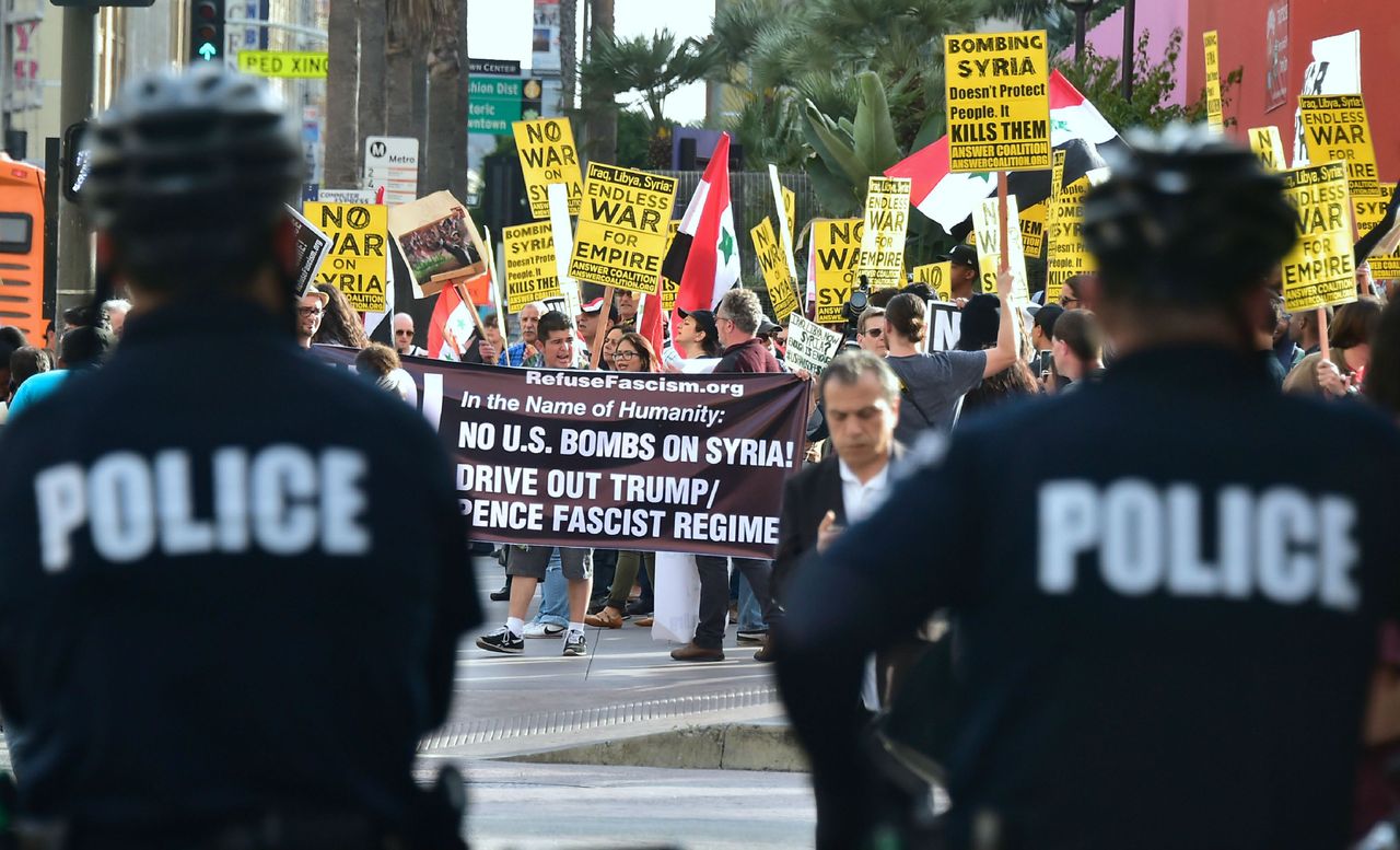 Demonstrators protest US air strikes