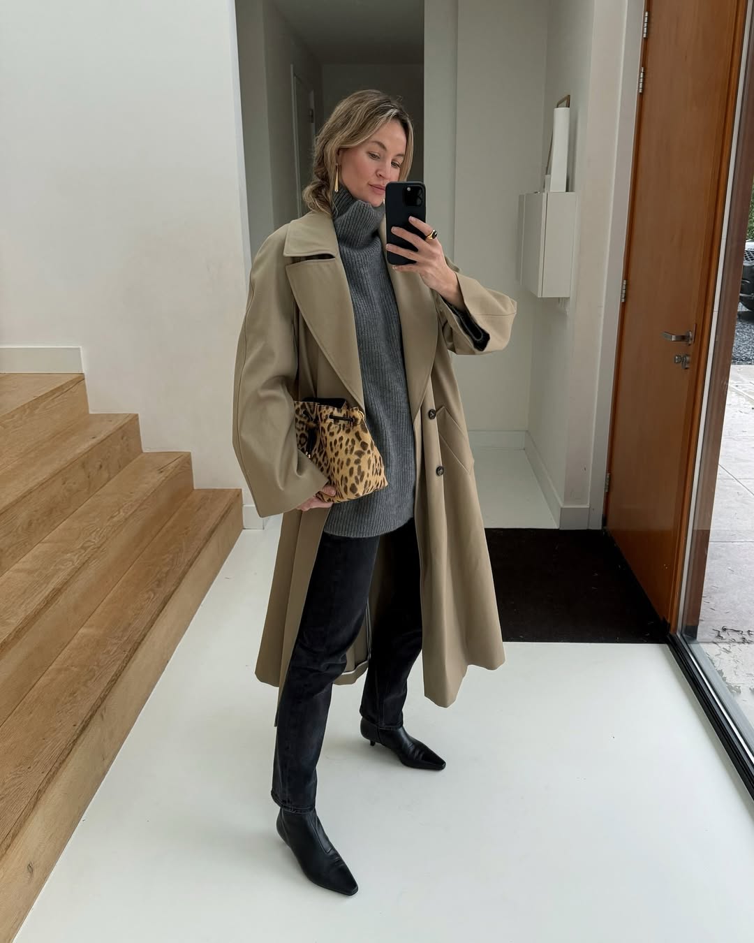 January 2026 outfit ideas: cashmere jumper, trench coat, jeans and boots
