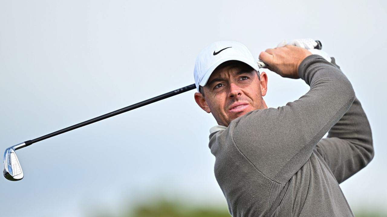 Rory McIlroy hits a driving iron at the 2024 Irish Open Pro-Am