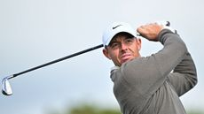 Rory McIlroy hits a driving iron at the 2024 Irish Open Pro-Am