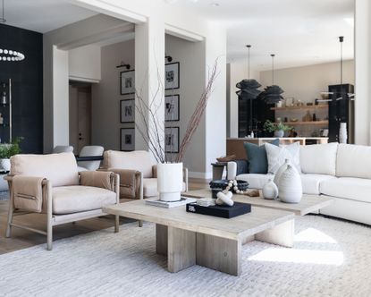 Minimal neutral living room with curated coffee table, natural elements and leather modern armchair 