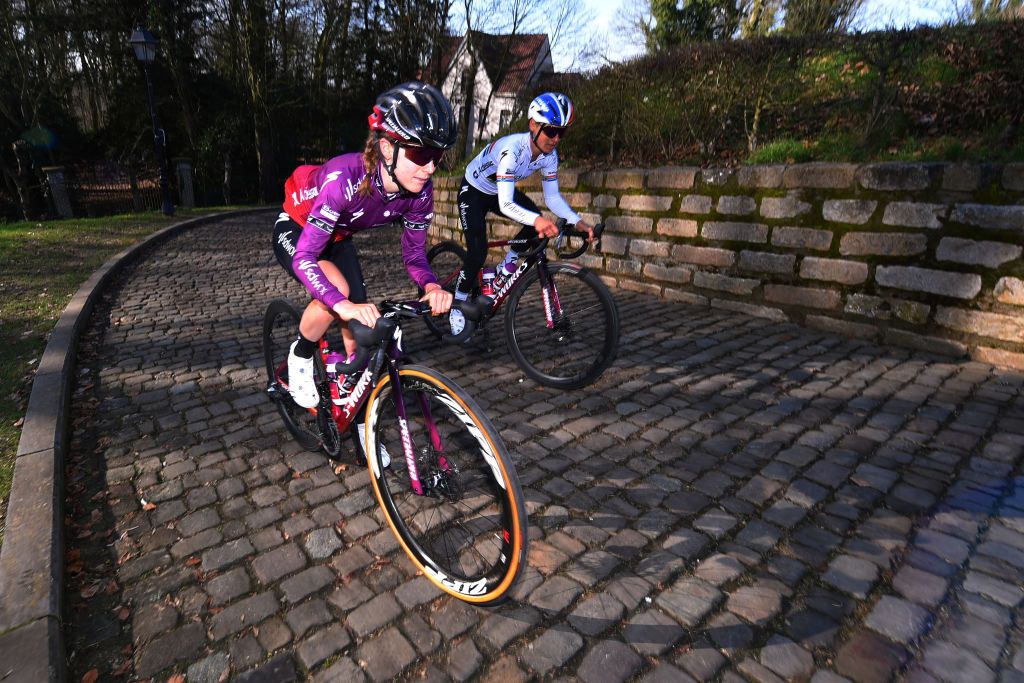 OUDENAARDE BELGIUM FEBRUARY 23 Anna Shackley of The United Kingdom Ashleigh Moolman Pasio of South Africa and Team SD Worx during the Team SDWorx 16th Omloop Het Nieuwsblad 2021 Training Team Presentation Wall of Geraardsbergen Mur de Huy De Muur Cobblestones teamsdworx OmloopHNB OHN21 on February 23 2021 in Oudenaarde Belgium Photo by Luc ClaessenGetty Images
