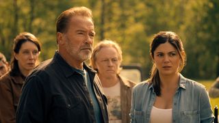 (L to R) Cailin Stadnyk as Will’s wife, Arnold Schwarzenegger as Luke Brunner, Patrick Garrow as Will, Monica Barbaro as Emma Brunner in episode 102 of Fubar