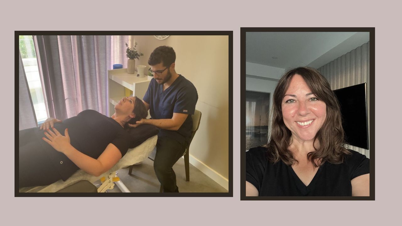 Writer Susan Griffin during osteo posture exam with Ricardo Rosa 