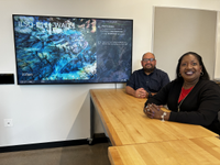 Regina Greenwood, University Audiovisual Services IT director; Carlos Lucio, associate director of Technology Services for the University Audiovisual Services Department