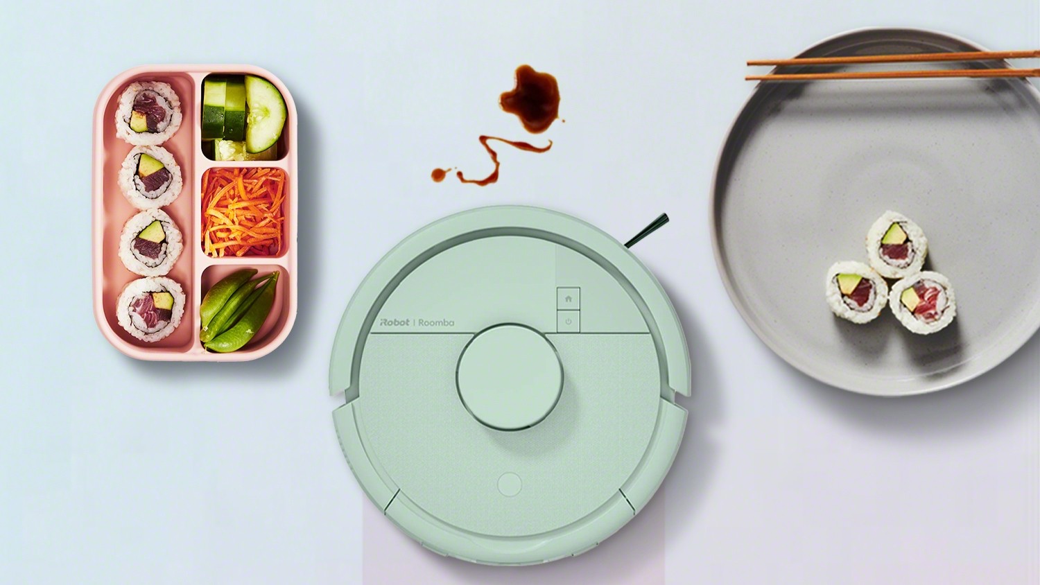 The Roomba Mini next to sushi