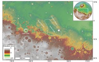 Overview map showing the location of an ancient river delta (star) within Mars' Aeolis Dorsa region, which is found along the boundary between the Red Planet's cratered southern highlands and smooth northern lowlands.