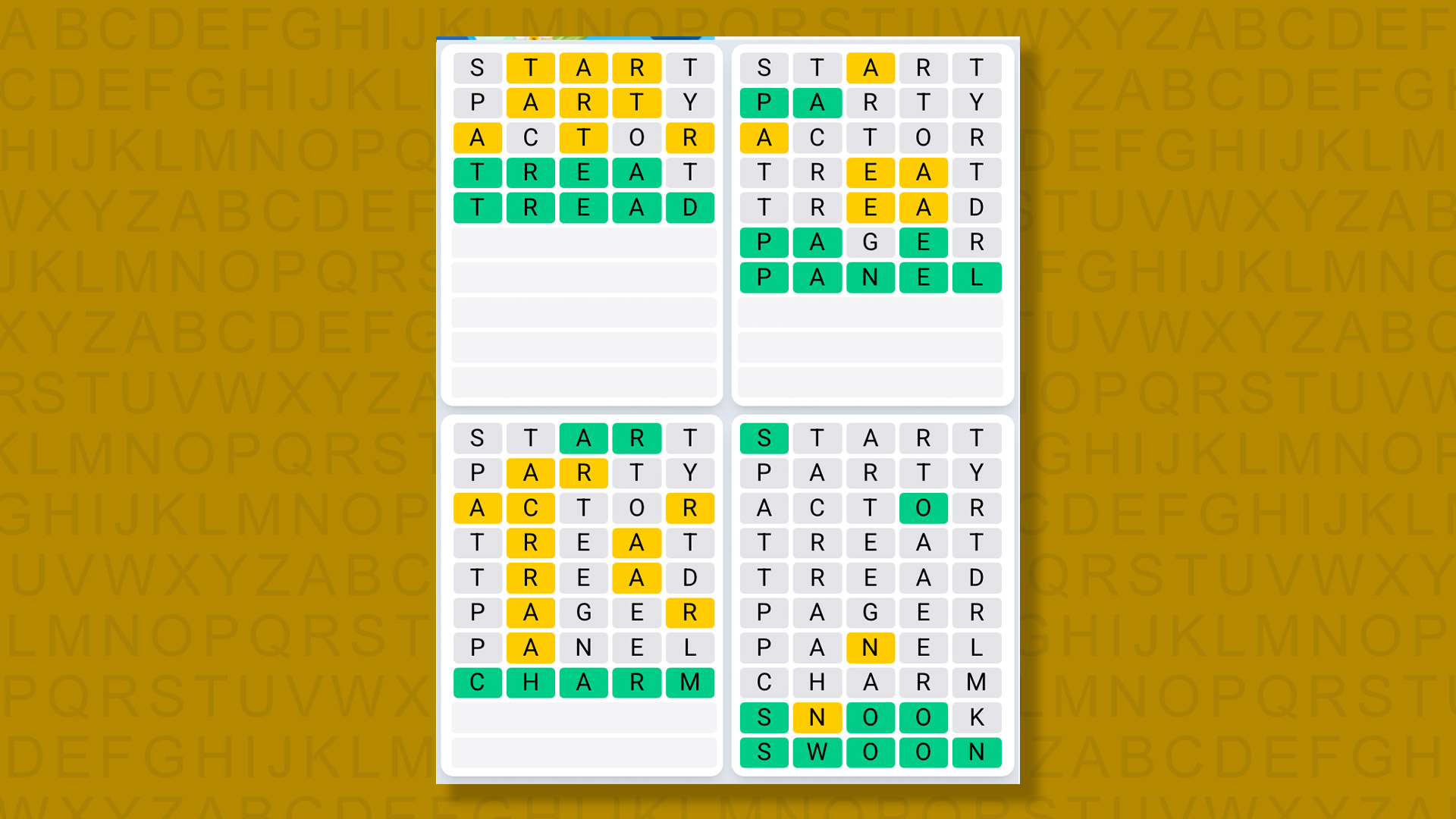 Quordle Daily Sequence answers for game 1396 on a yellow background