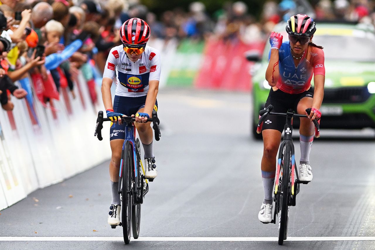 Gaia Realini (Lidl-Trek) crosses the line with Erica Magnaldi (UAE Team ADQ)