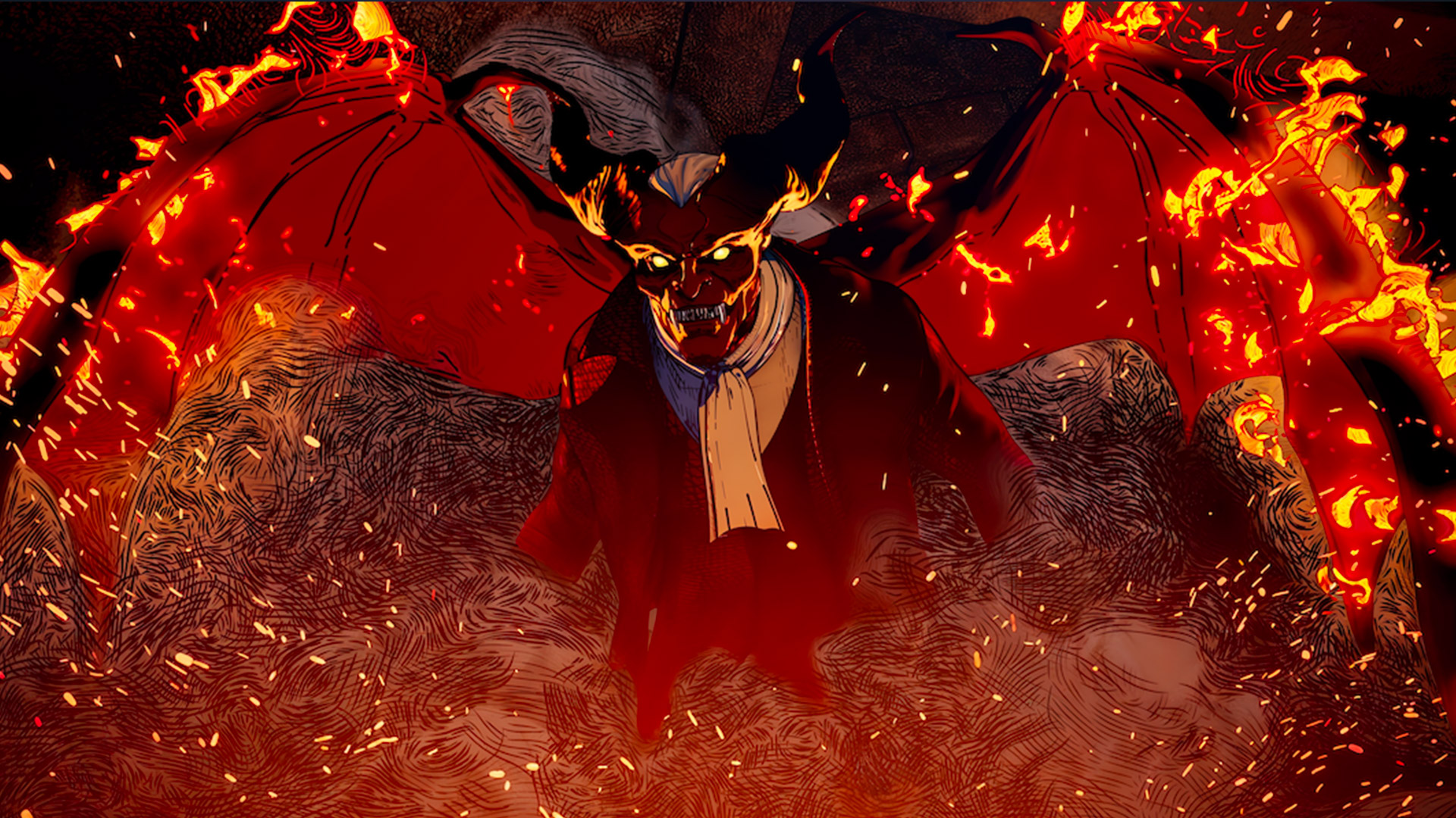 An animated devil with wings on fire