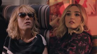 Kristen Wiig in sunglasses on a plane in Bridesmaids next to Chloe Fineman in the SNL Sketch Inventing Chloe.