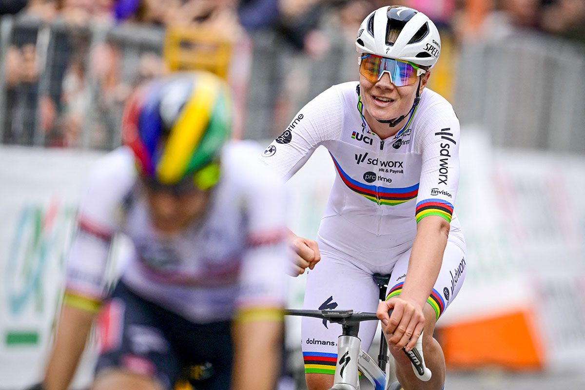 Belgian Lotte Kopecky of SD Worx-Protime crosses the finish line of the 'Milano-Sanremo Donne' one day cycling race for women, 156km from Milan to Sanremo, Italy, Saturday 22 March 2025. BELGA PHOTO DIRK WAEM (Photo by DIRK WAEM / BELGA MAG / Belga via AFP)