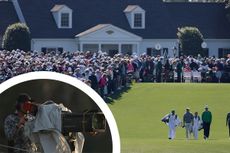Featured group of Akshay Bhatia, Rory McIlroy and Ludvig Aberg walking down the fairway at Augusta National during the second round of The Masters in 2025, with an inset of image of a television camera and operator at a PGA Tour event