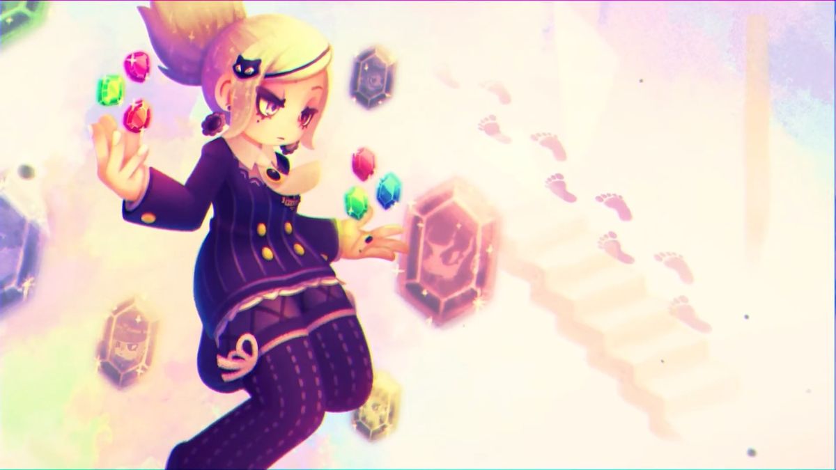 Vivid World screenshot of main girl Lemuria holding gems