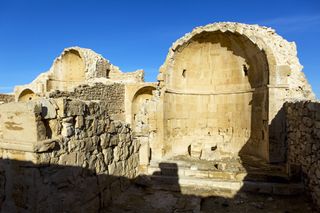 The ruined baptistery (right) of the northern church in the ancient desert city of Shivta, where the portrait of Jesus Christ was found.