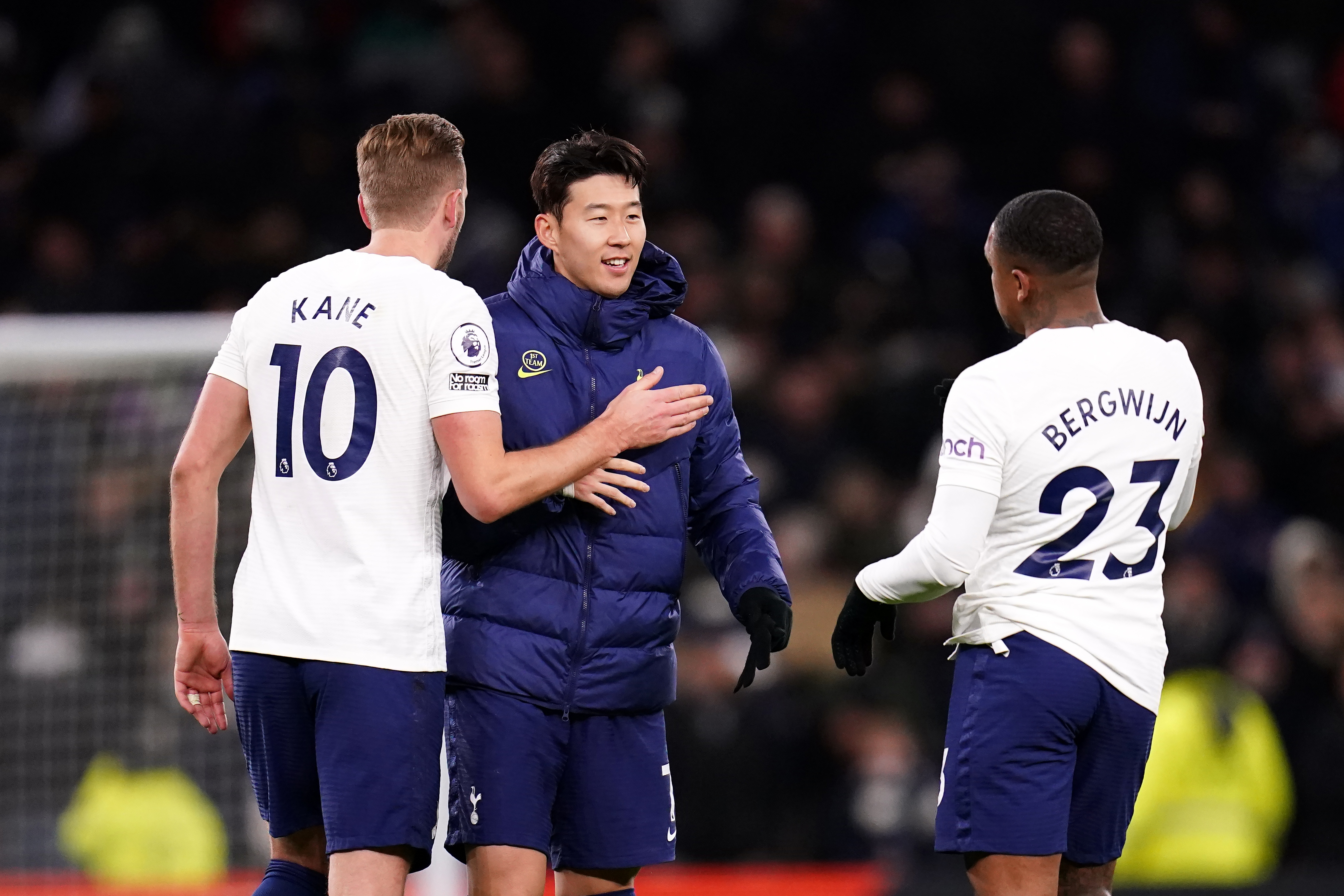 Tottenham Hotspur’s Harry Kane greets Son Heung-min and Steven Bergwijn after the final whistle during the Premier League match at the Tottenham Hotspur Stadium, London. Picture date: Thursday December 2, 2021