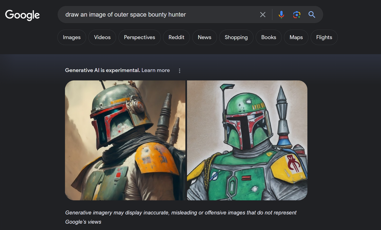 Google SGE response to outer space bounty hunter