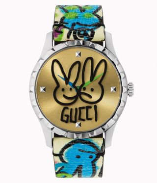 Gucci G-Timeless watch with two rabbits on watch face