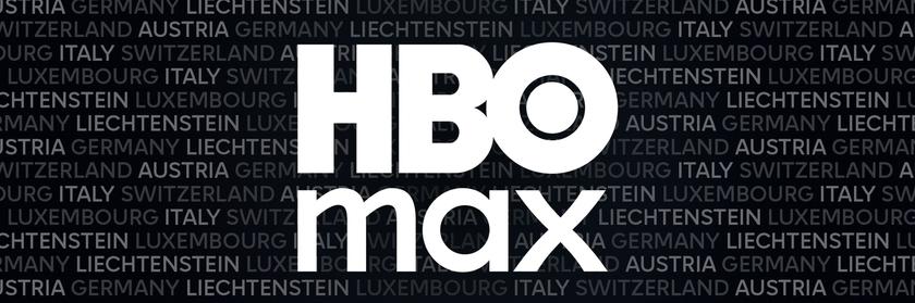 HBO Max logo with a background showing the names of European countries. 