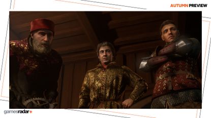 Kingdom Come: Deliverance 2 Legacy of the Forge DLC showing Henry and two allies standing looking down