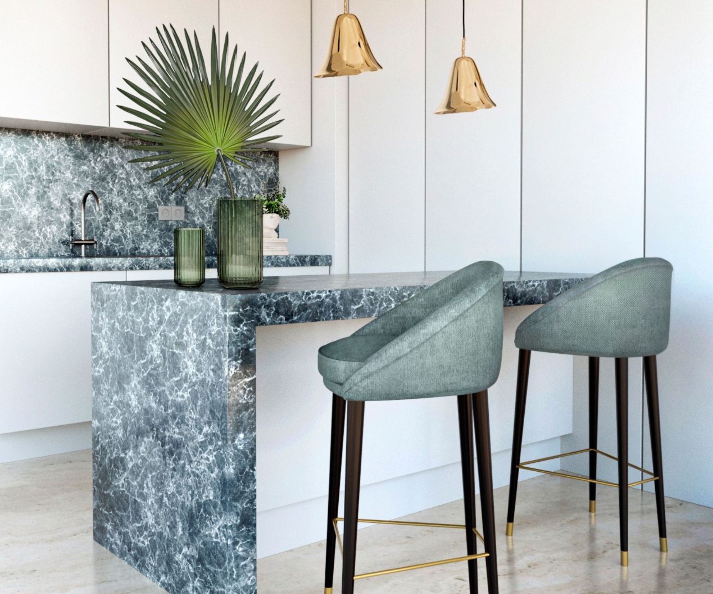 Green marble kitchen island with waterfall edge, brass pendant lights and upholstered bar stools in a contemporary space