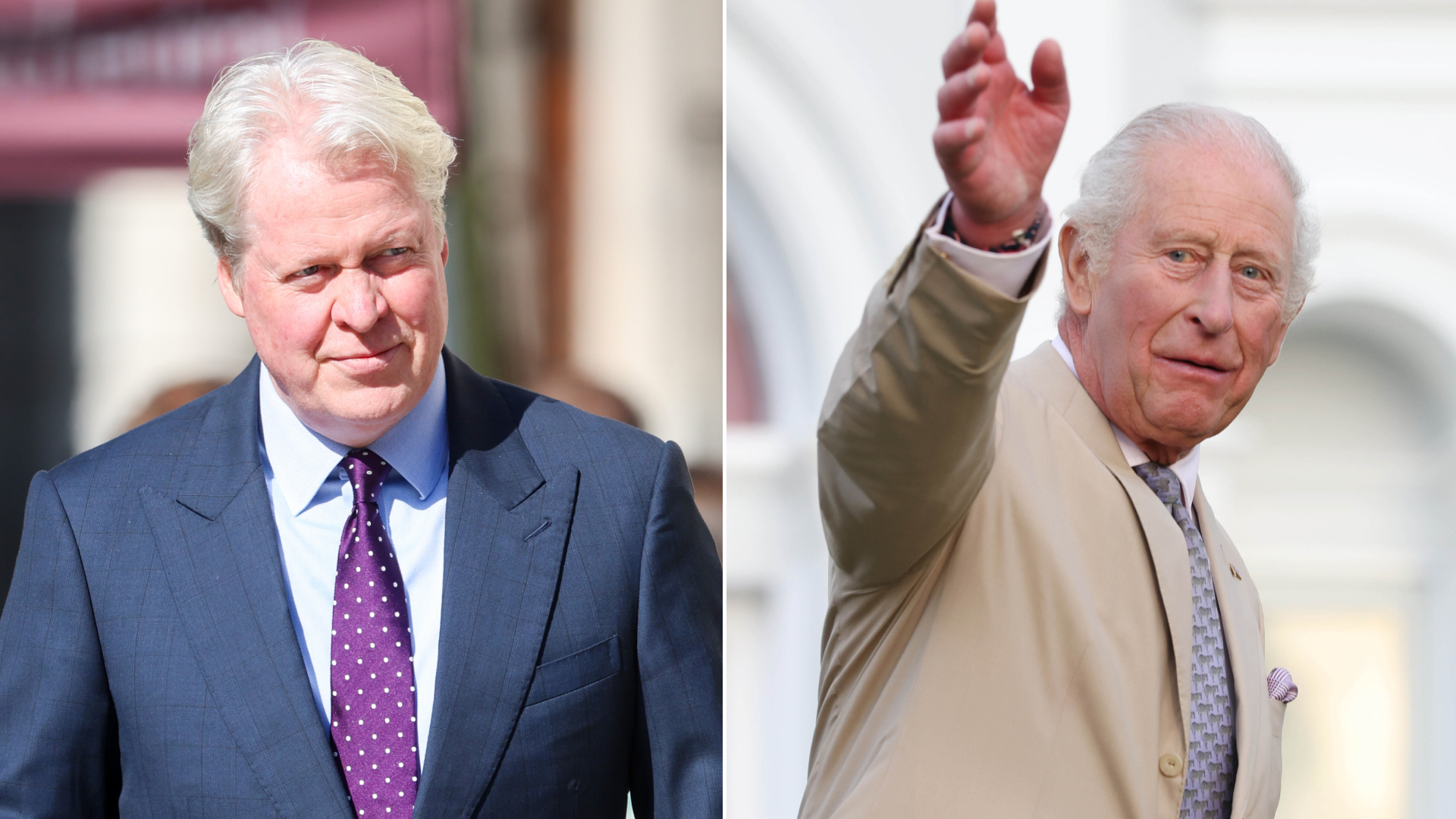 Earl Charles Spencer wears a suit and has gray hair and King Charles waves while wearing a beige suit