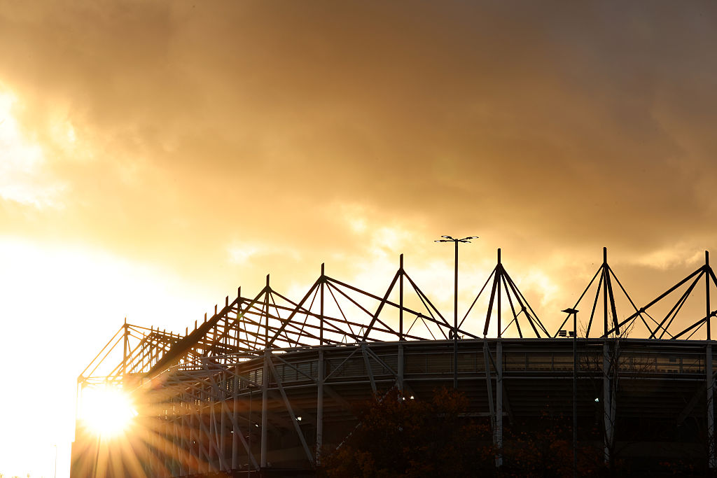DERBY, ENGLAND - OCTOBER 28: General view outside the stadium as the sun sets prior to the Women&amp;amp;apos;s International Friendly match between England and Australia at Pride Park on October 28, 2025 in Derby, England. (Photo by Nathan Stirk/Getty Images)