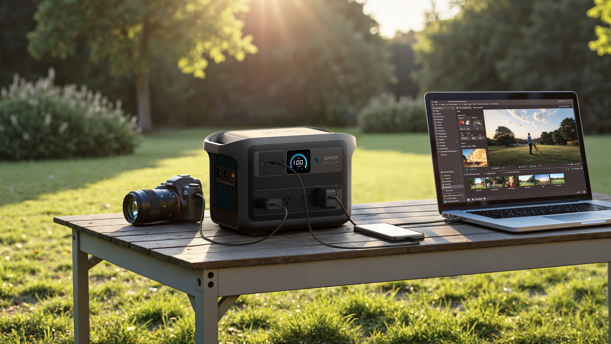 Anker Solix plugged into a MacBook and DSLR camera outside