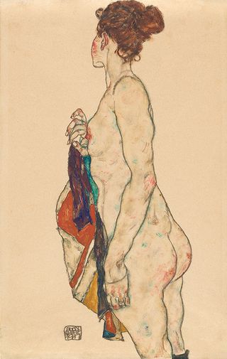 Standing Nude with a Patterned Robe, 1917, by Egon Schiele, gouache and black crayon on buff paper