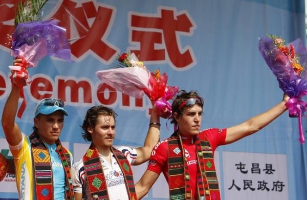 Justin Jules (VC La Pomme) flanked by Maxim Inglinskiy (Astana) and Adam Phelan (Drapac) after the opening stage.