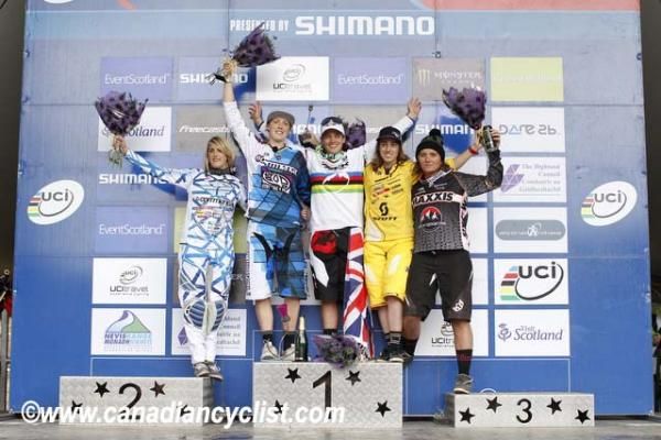Women's downhill Fort William World Cup podium (L to R) Myriam Nicole, Rachel Atherton, Tracy Moseley, Floriane Pugin, Sabrina Jonnier