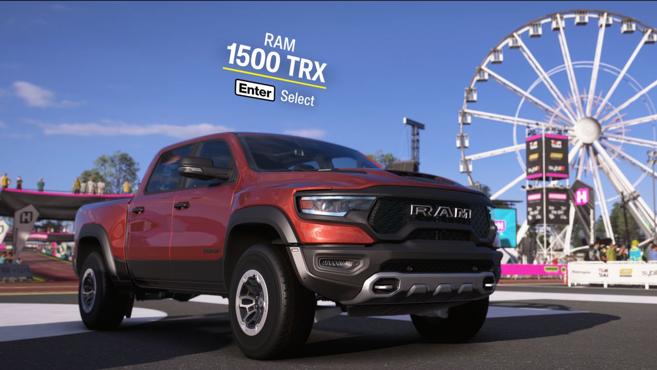 Forza Horizon 6 cars list: The RAM 1500 TRX starter car outside a fuel station, lined up next to the other choices.
