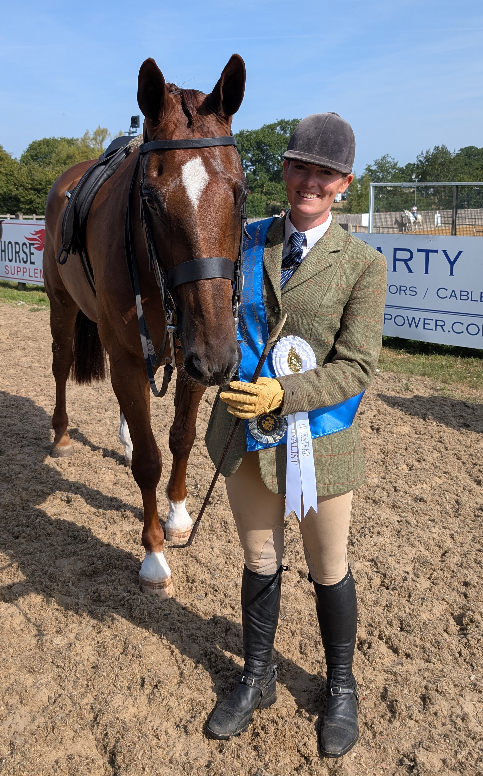 A chestnut lightweight hunter with rider dismounted wearing a blue sash and winners rosette