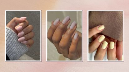 A selection of the 2025 nail trends: on the left, a hand is pictured with pastel pink almond nails and in the middle, another hand is seen with sheer purple nails (both created by nail artist Julia Diogo/ @paintedbyjools), and finally, on the right, a hand is seen with butter-yellow squoval nails (by nail artist, Megan Rose/ @gel.bymegan)/ all pictured in an orange to pink gradient template