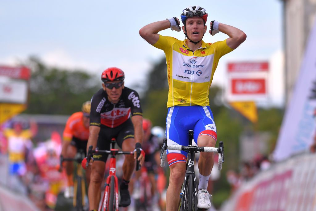 EREZEE BELGIUM AUGUST 19 Arrival Philippe Gilbert of Belgium and Team Lotto Soudal Arnaud Demare of France and Team Groupama FDJ Yellow Leader Jersey Celebration during the 41st Tour de Wallonie 2020 Stage 4 a 1994km stage from Blegny to Ereze 334m TourdeWallonie TRW2020 on August 19 2020 in Erezee Belgium Photo by Luc ClaessenGetty Images