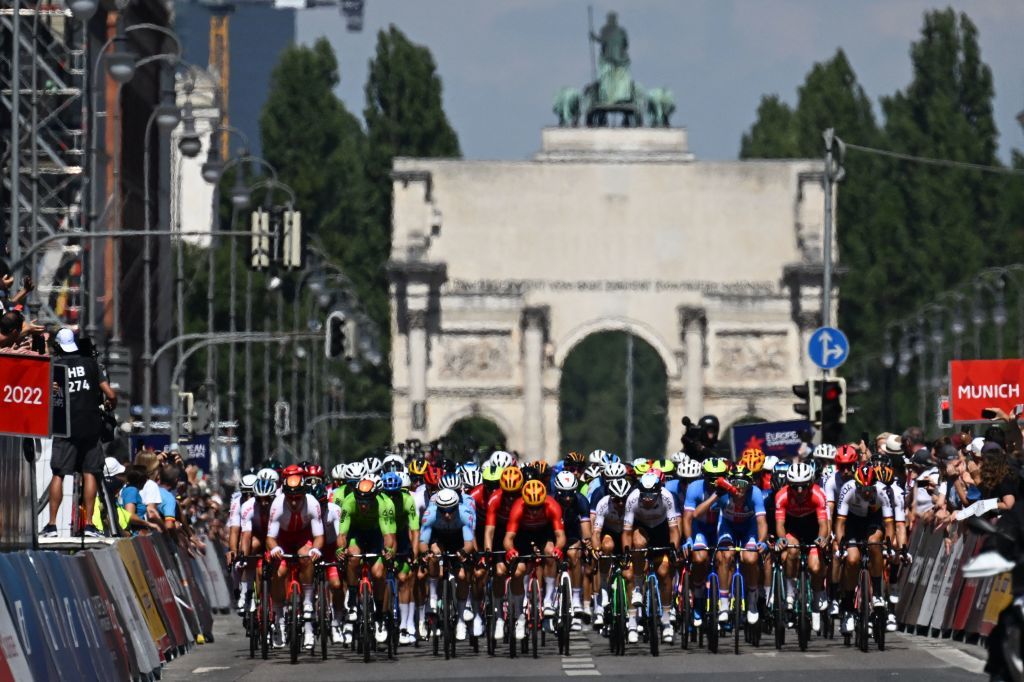 Cyclists compete during the second round of the mens road race cycling event of the European Championships Munich 2022 in Munich southern Germany on August 14 2022 Photo by INA FASSBENDER AFP Photo by INA FASSBENDERAFP via Getty Images