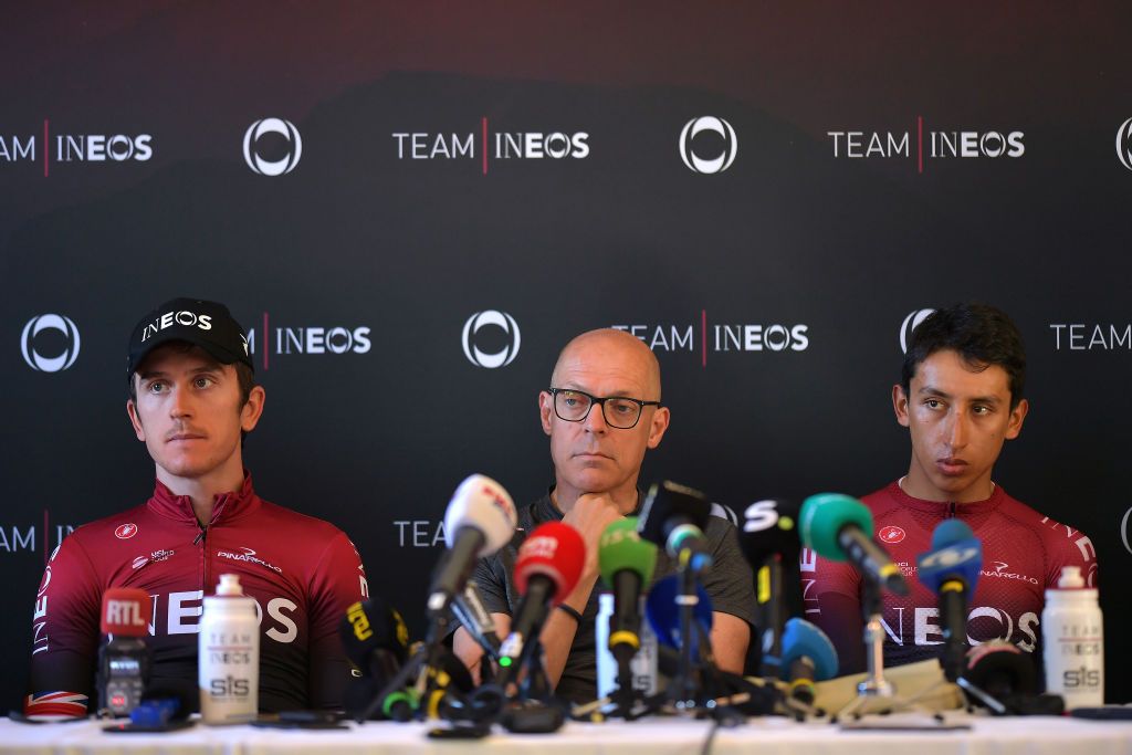 Thomas, Brailsford and Bernal at the Team Ineos rest day press conference