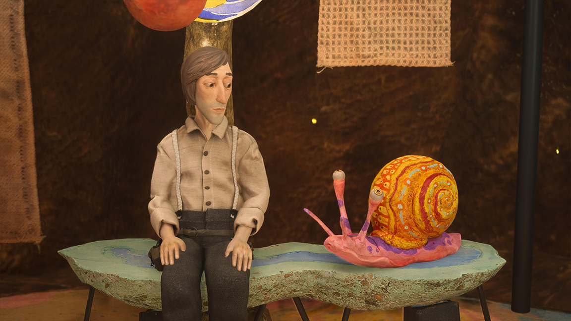 Harold Halibut review; a man sits next to a snail