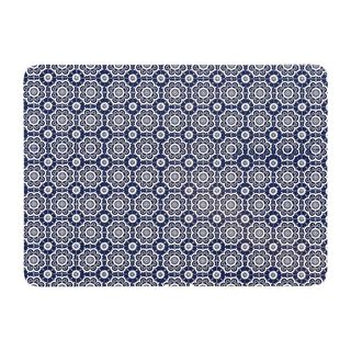 Dunelm Indigo Bazaar cork-back with a white symmetrical floral design on a dark blue backgrounded Placemats