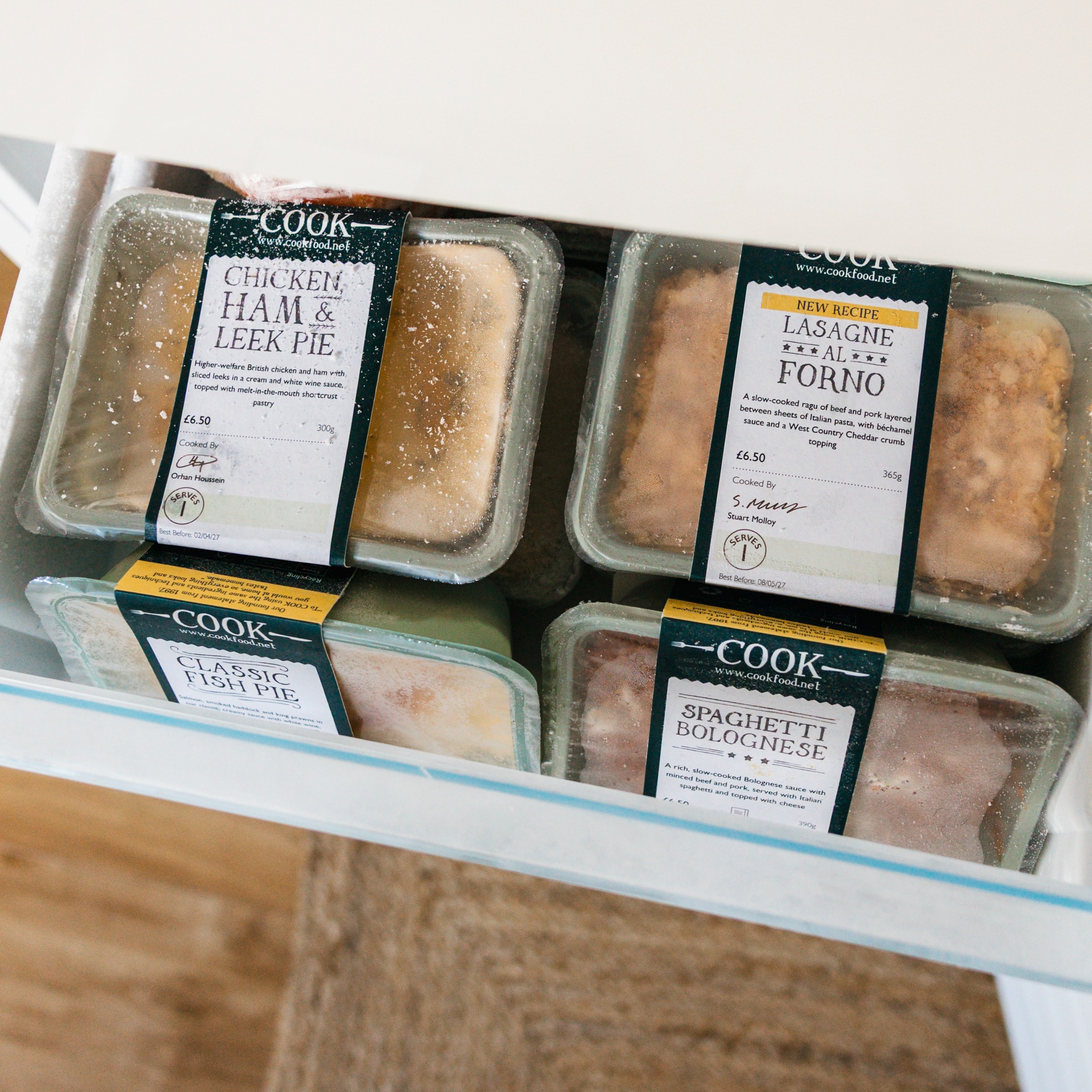 A close-up of a new parents Cook box in the freezer
