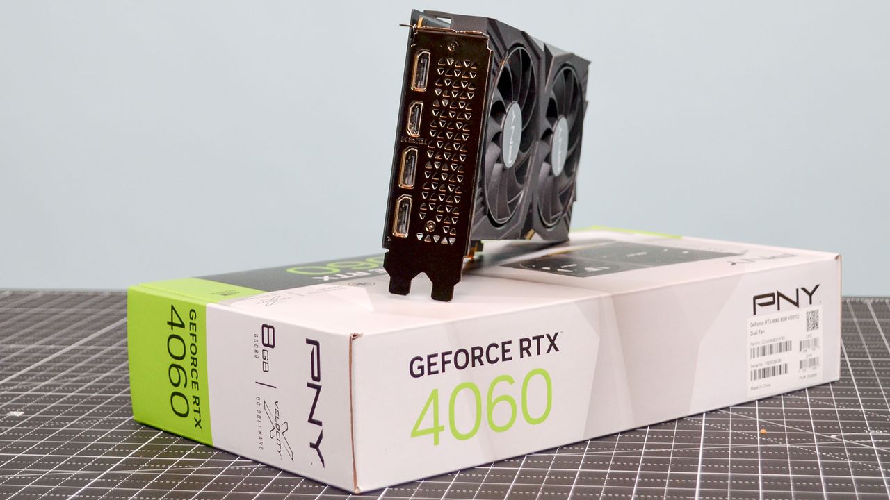 A PNY GeForce RTX 4060 Verto on a table with its retail box