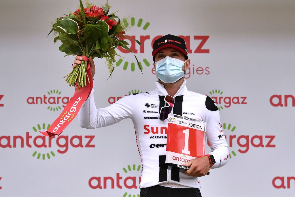 LARUNS FRANCE SEPTEMBER 06 Podium Marc Hirschi of Switzerland and Team Sunweb Most Combative Rider Celebration Trophy during the 107th Tour de France 2020 Stage 9 a 153km stage from Pau to Laruns 495m TDF2020 LeTour on September 06 2020 in Laruns France Photo by Marco Bertorello PoolGetty Images